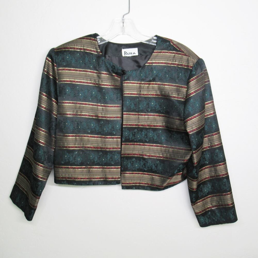 Vtg Patra Satin Jacket L Teal Taupe Gold Metallic 3/4 Sleeve Lined 1 Top Button